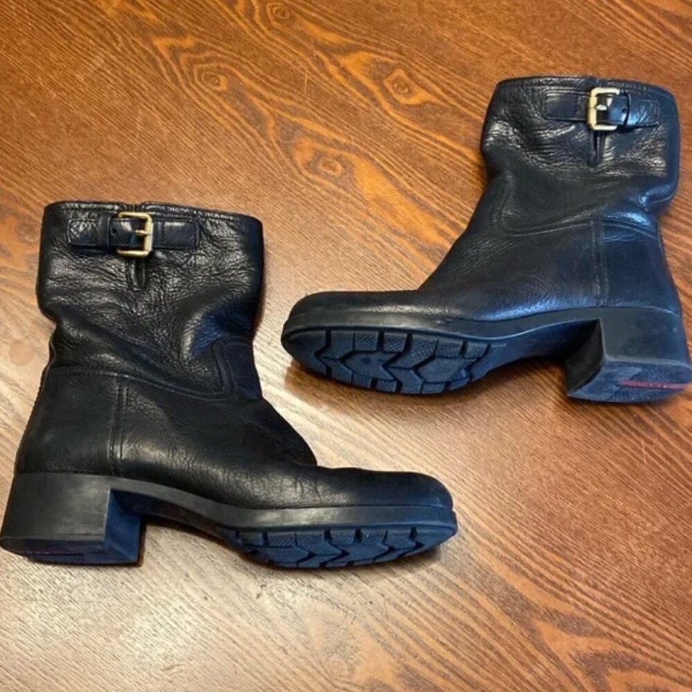 Prada Sport Soft Leather Pull-on Mid Calf Moto Boots 38.5